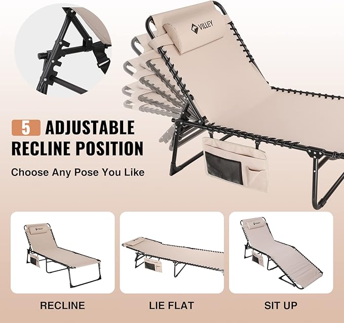 VILLEY Oversize Chaise Lounge Outdoor, Heavy-Duty Folding Lounge Chair for Outside, Portable Trifold Beach Lounger with 5 Adjustable Positions for Outdoor, Patio, Beach, Lawn, Backyard, Camping -Beige
