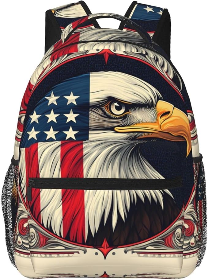 Men Women Polyester American Flag Eagle Art Daypack Backpack Large Capacity Carry On Bag With Smooth Zippers for Hiking Picnic Walking Cycling