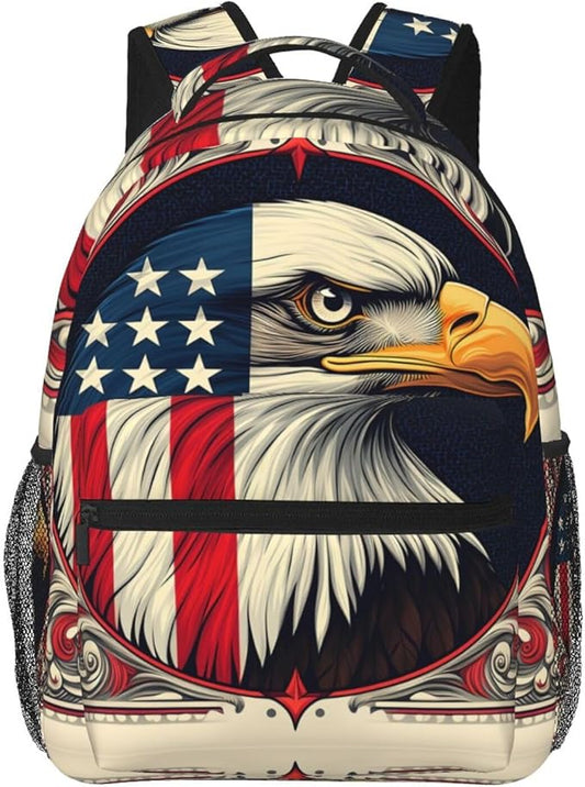 Men Women Polyester American Flag Eagle Art Daypack Backpack Large Capacity Carry On Bag With Smooth Zippers for Hiking Picnic Walking Cycling