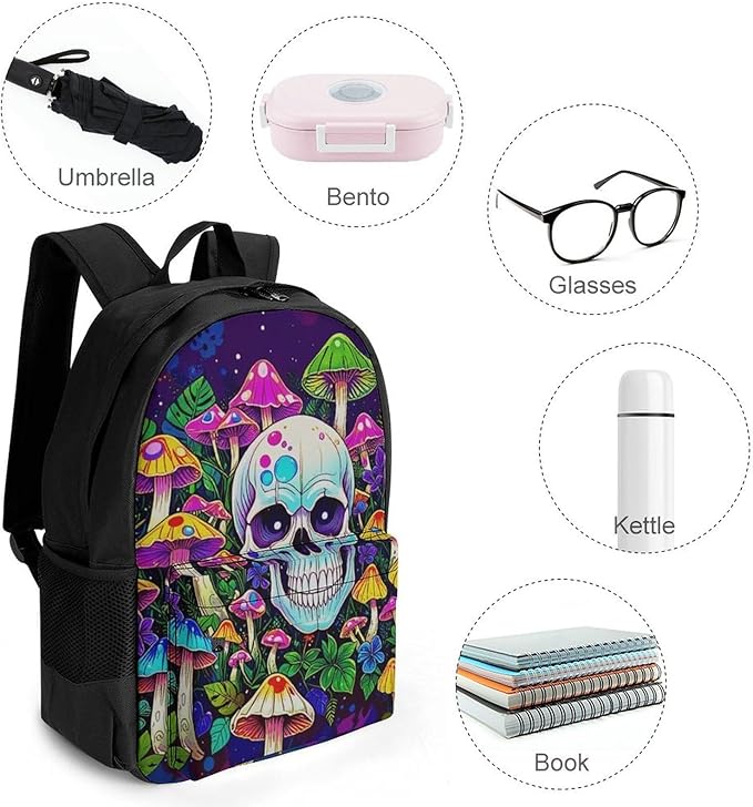 Supdreamc Men Women Lightweight Glowing Skull Mushroom Art Backpack Large Capacity Bookbag With Smooth Zippers for Gym Business Running