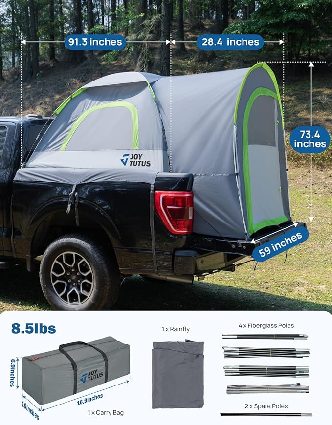 JOYTUTUS Truck Tent with Rainfly 8.0Ft, Straight Spacious Truck Bed Tent with Sky View Mesh, Waterproof PU2000mm Double Layer for 2 Person, Gray Green