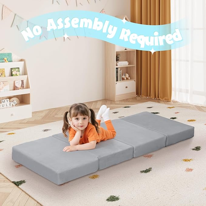 MeMoreCool Kids Folding Mattress, Trifold Mat Foldable Floor Mattress with Washable Cover and Carry Bag, Portable Foam Floor Mat for Kids, Daycare, Sleepover, Camping and Travel, Light Grey