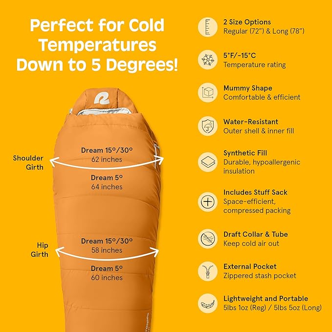 Retrospec Dream Mummy Sleeping Bag - 30°F Camping & Travel Essential Gear with Water - Resistant Shell & Synthetic Fill - Zippered Pocket & Stuff Sack