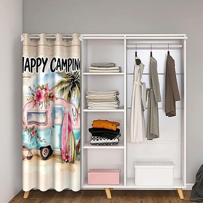 Happy Camping Door Curtain For Doorway Privacy For Girls - Vintage Camper Trailer Blackout Curtain Hibiscus Floral Palm Tree Door Drape Tropical Beach Retro Camping Window Treatment 52"W x 80"L