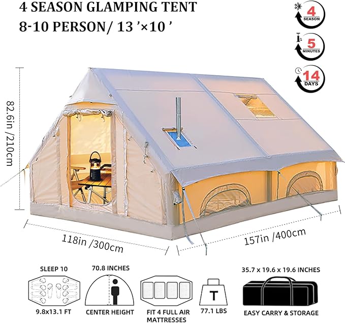 Inflatable Tents for Camping, Large Inflatable Camping Tent with Hand Pump, Easy Setup Tents for 4-6 People, Portable Glamping Tent