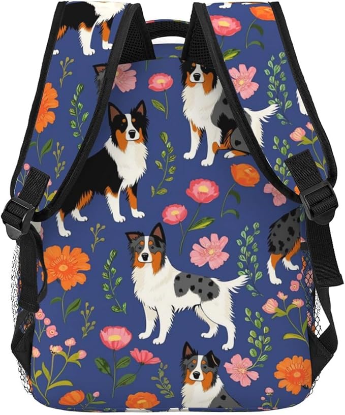 Polyester Daypack Backpack for Trekking Picnic Walking Cycling, Large Capacity Anti-Theft Multipurpose Shoulder Bag, Australian Shepherd Dogs Flowers Casual Daypack