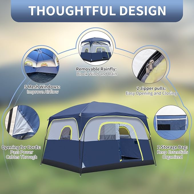 Outvita 6 Person Camping Tent with Carry Bag, Waterproof Windproof Easy Setup, Portable Family Camping Tent with 1 Mesh Door & 5 Large Mesh Windows, 10'X9'X83in