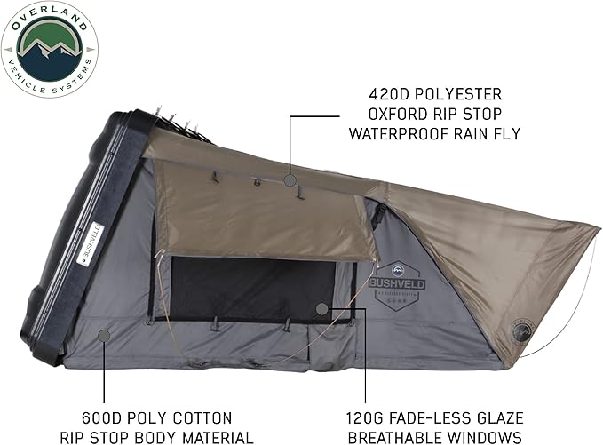 Overland Vehicle Systems Bushveld Hard Shell Clam Shell Roof Top Tent with Aluminum Base Dark Grey Body and Green Rainfly - 4 Person Tent - Four Seasons Ready