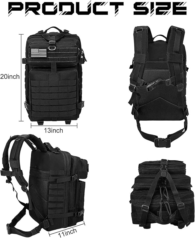 WOLT Military Tactical Backpack for Men 45L Molle Backpack 3 Day Assault Pack Bug Out Bag, Heavy Duty Rucksack for Hiking Gym(Black)