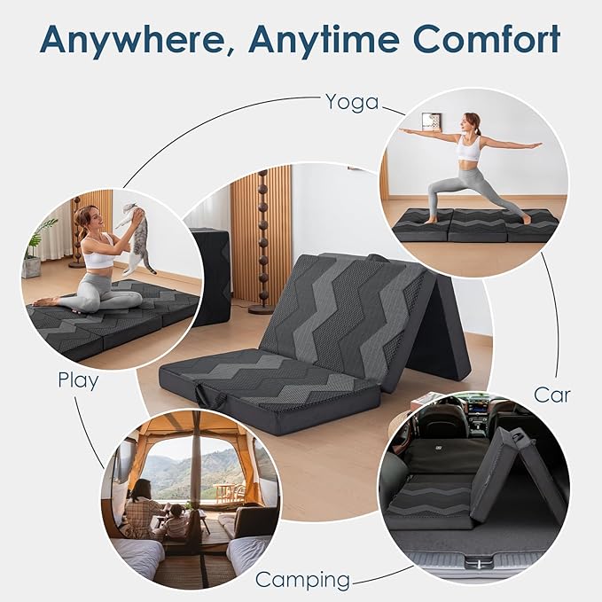 INGEROOM Foldable Mattress Single - Memory Foam 4 inch Trifold Mattress for Camping, with Portable Handle, Non-Slip Folding Floor Bed Sofa for Guest Travel Yoga, Washable Breathable Cover