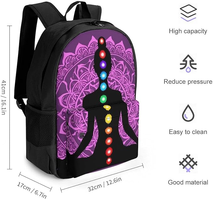 Lightweight Backpack for Gym Travel Bicycle, Big Capacity Multipurpose Anti-Theft Carry On Bag, Seven Chakra Yoga Meditation Lotus Purple Mandala Travel Hiking Bag Day Pack
