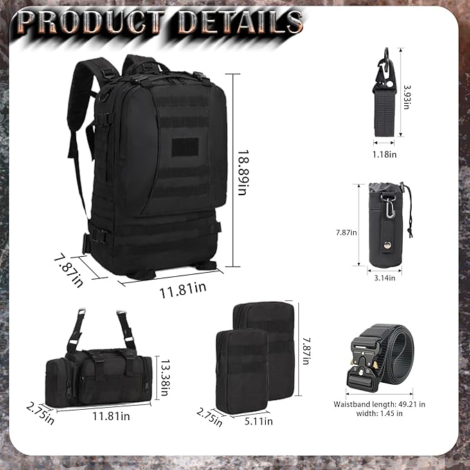 60L Tactical Backpack Military 3-Day Assault Pack, Waterproof Molle System Rucksack with Detachable Bag, Survival Bug Out Backpack for Men & Women(Black)