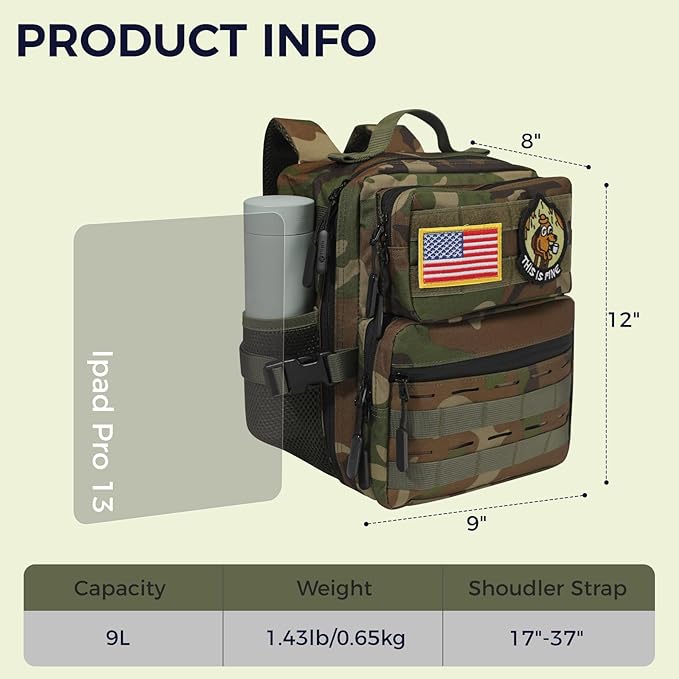 9L Mini Tactical Backpack for Men Women,Small Military Tactical Backpack for Sport,Gym,Hiking,Travel,Camping (Jungle Camo)