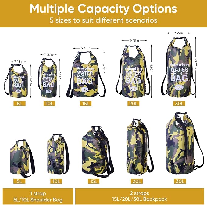 Waterproof Dry Bag 5L/10L/15L/20L/30L Roll Top Dry Storage Backpack with Phone Case, Collapsible Water Bottle, Sunglasses, Ear Band for Kayaking Boating Swimming Fishing Camping, Yellow 10L