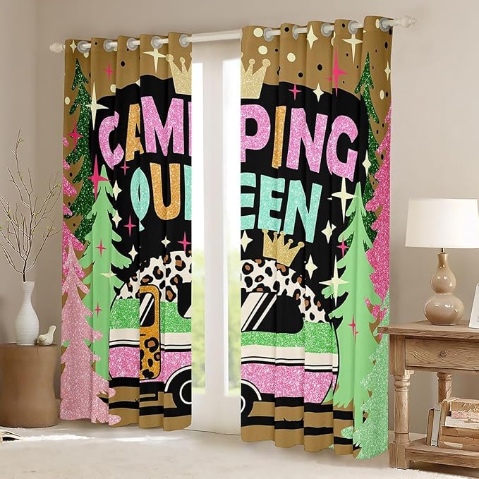 Cartoon Camper Window Drapes,Crown Leopard Starry Princess Blackout Curtains,Rustic Pine Tree RV Trailer Nursery Bedroom Playroom Decor,Pink Green 2 Panels,52Wx63L inch