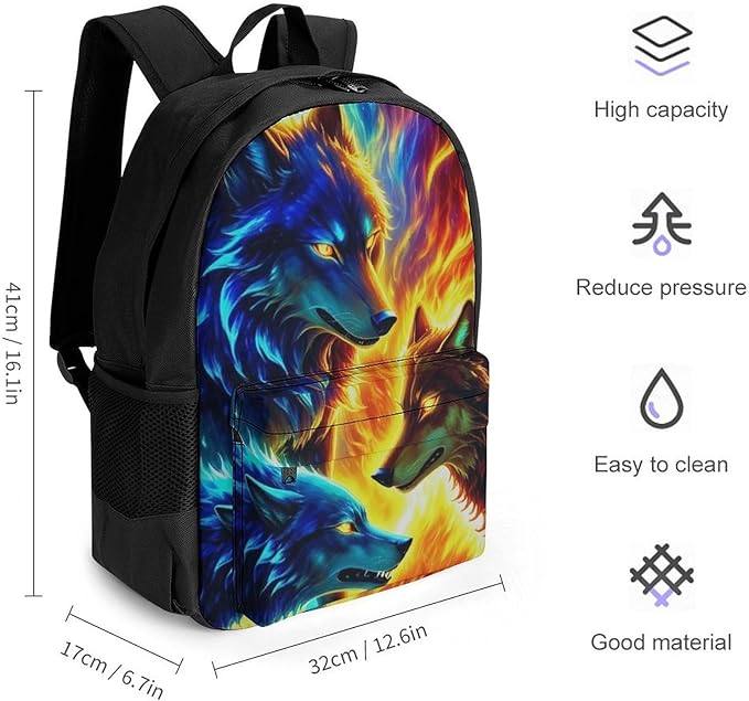 Supdreamc Men Women Lightweight Ice And Fire Flaming Cool Wolf Casual Daypack Big Capacity Bookbag With Padded Straps for Gym Travel Walking Cycling