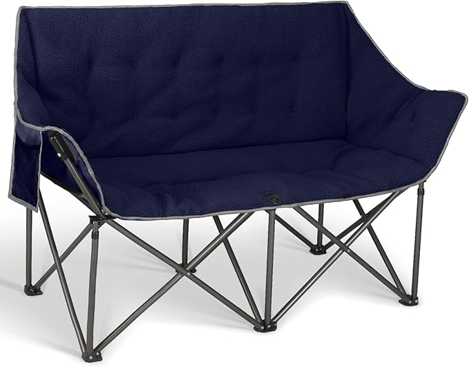 Double Camping Chairs-Padded Loveseat Camp Couch for 2 Person,Heavy Duty Sofa Folding Lawn Chair with Cushion for Backyard,Sports,Patio and Home Use,Deep Blue
