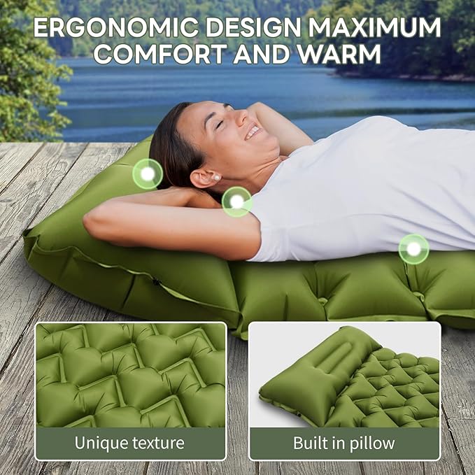 Camping Sleeping Pad with Pillow, Built-in Foot Pump Inflatable Sleeping Pad, Ultralight Air Mattress, Durable Waterproof Camping Pad for for Tent, Backpacking, Hiking