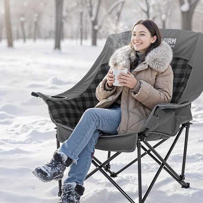 Oversized Camping Chairs for Adults Folding Padded Camping Chair Heavy Duty XL Camp Chair - 400LBS Support Lawn Chairs for Outdoor Sports Beach Fishing with Cup Holder & Carry Bag