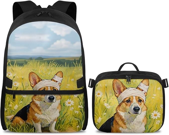 HUGS IDEA Corgi School Backpack for Girls 6-8 Cute Bookbag for Preschool Girls Kids Schoolbag with Lunchbox 17 Inch School Back Pack for Elementary Students Supplies