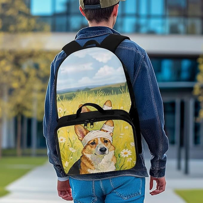HUGS IDEA Corgi School Backpack for Girls 6-8 Cute Bookbag for Preschool Girls Kids Schoolbag with Lunchbox 17 Inch School Back Pack for Elementary Students Supplies