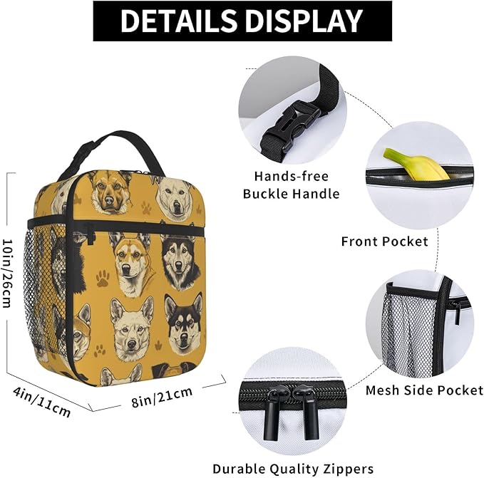 Dog Lunch Box for Kids Aldults, Vintage Pet Reusable Thermal Insulation Cooler Tote Bags, Hand Drawn Animal Puppy Paw Print Insulated Bag for Student, School Picnic Camping Travel, Gifts