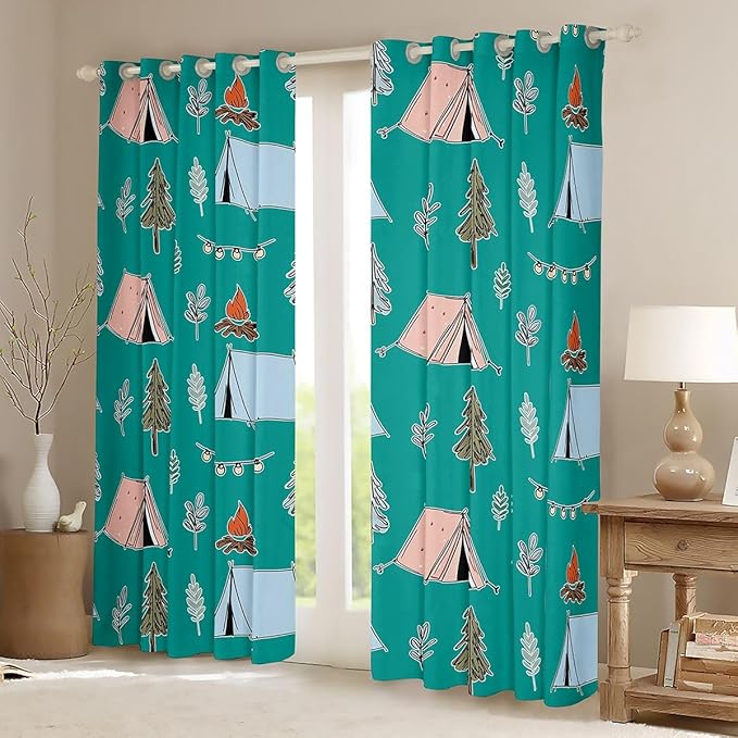 Feelyou Green Camping Camper Curtains for Bedroom Living Room Happy Camping Blackout Shades Campfire Tent Room Darkening Curtain Window Treatments, 2 Panels 52 x 84 Inch Decor