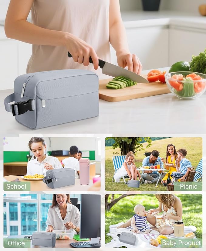 Small Insulated Snack Bag Lunch Bag for Kids Lunch Box, Collapsible [3L/5-Can] Reusable Lunch Bag Cooler Bag for Bottle with Handle Buckle for Work School Travel, Gray