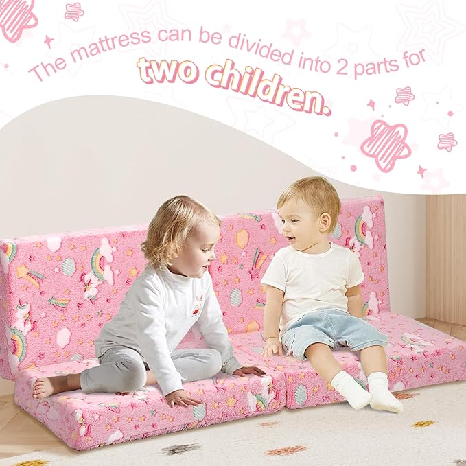 MeMoreCool Kids Folding Mattress, Trifold Mat Foldable Floor Mattress for Kids, 63x26 Portable Floor Mat with Washable Cover and Carry Bag, 4 Inch Foam Medium Firmness, Colorful Unicorn