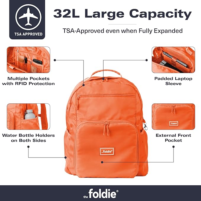 The Foldie Packable Backpack for Travel 32L - Lightweight Foldable Backpacks with Trolly Sleeve & RFID Protection - Water-repellent Casual Daypack Backpacks for Hiking, Camping & Gym - Orange