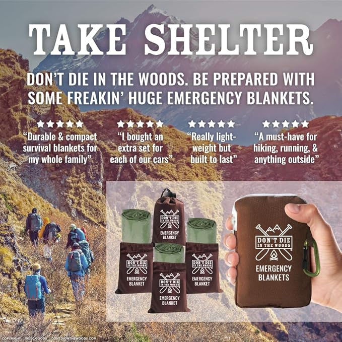 Don't Die In The Woods - Freakin’ Huge Emergency Blankets [4-Pack] Extra-Large Thermal Mylar Space Blankets with Ripstop Nylon Stuff Sacks + Carabiner Zipper Pack [Army Green]