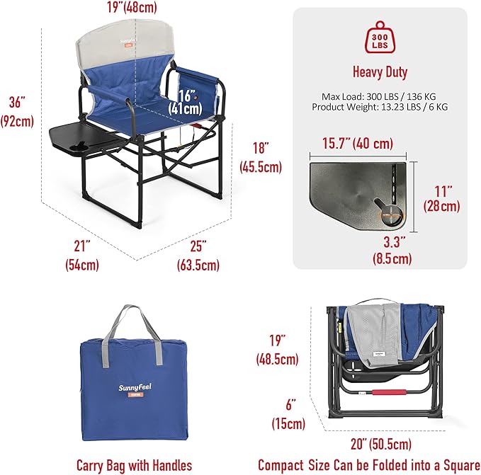 SUNNYFEEL Heated Camping Directors Chair, Portable Folding Lawn Chairs for Adults Heavy Duty with Side Table,Pocket for Beach, Fishing,Picnic,Concert Outdoor, Foldable Camp Chairs