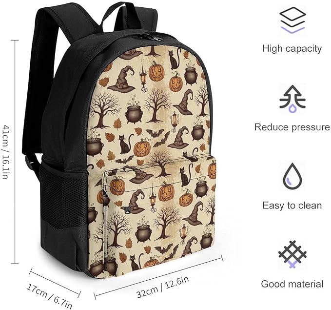 Lightweight Daypack Bookbag for Trekking Business Walking Cycling, Big Capacity Anti-Theft Multipurpose Carry On Bag, Black Cat Bat Pumpkin Skull Business Computer Bag