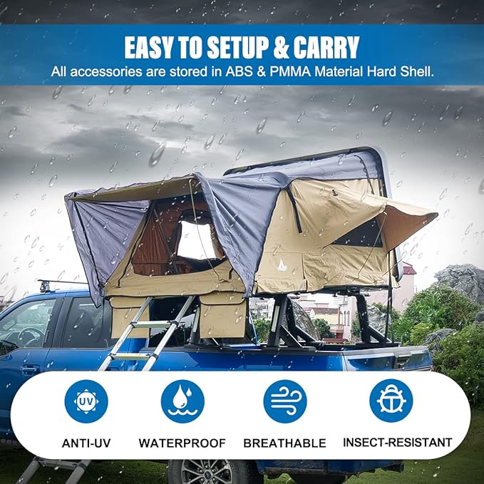 WOLFSTORM Rooftop Tent,Pickup Truck-Tent,Fit for Universal Hard Shell Roof Top,Outdoor Camping Rooftop Waterproof Tent with Ladder and Sunroof Off-Road for 2-3 Adults (Khaki)