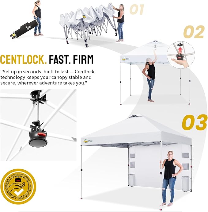 CROWN SHADES Canopy Tent 10x10 Pop Up Canopy Outdoor Shade with Pockets Sidewall, Easy Up Sun Shelter with One Person Set Up Center Lock, Portable Instant Camping Beach Canopy Tents, White