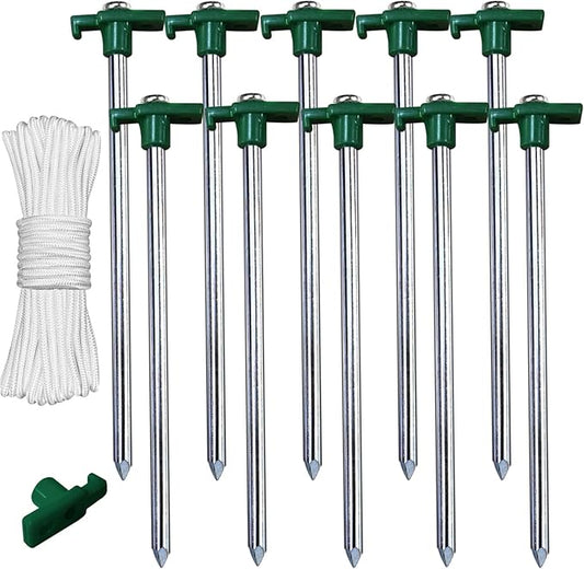 ABCCANOPY 11 Inch Tent Stakes 10 Pcs Non-Rust Metal Ground Anchors, Heavy Duty Spikes with 4 Ropes for Outdoor Camping, Green