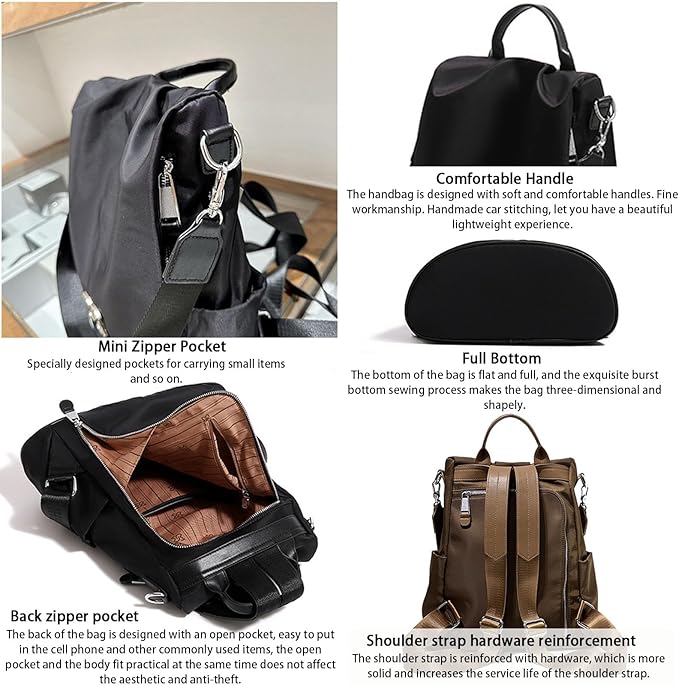 Women Oxford Cloth Backpack - Anti-Theft Multi-Purpose Large Capacity Oxford Cloth Lightweight Shoulder Bag 3-Way Waterproof Crossbody Bag (Black)