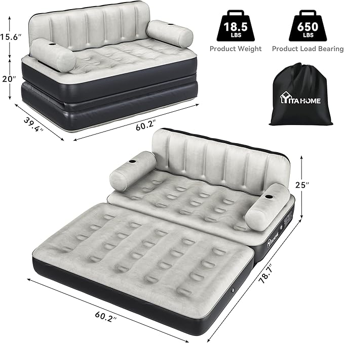 YITAHOME Queen Size Inflatable Sofa Bed with Headboard and Pump, Convertible Blow Up Couch, 2-in-1 Black Air Sofa Bed for Home, Camping, and Guests, Black