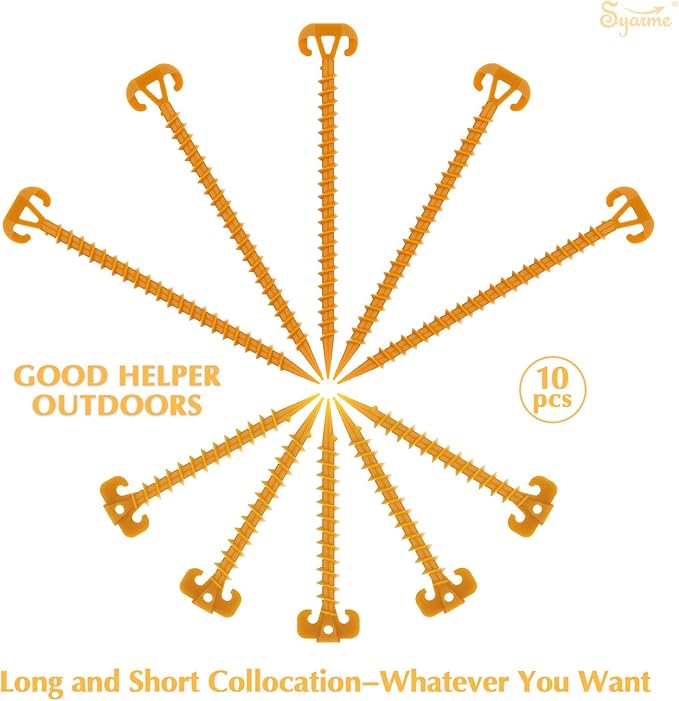 Tent Stakes Spiral Ground Anchor 11" Orange,On The Beach and Lawn for Securing Animals,Tents,Canopies and Beach Blankets Etc,Plastic Pile 10pc-Pack,Includes Brush and Bag
