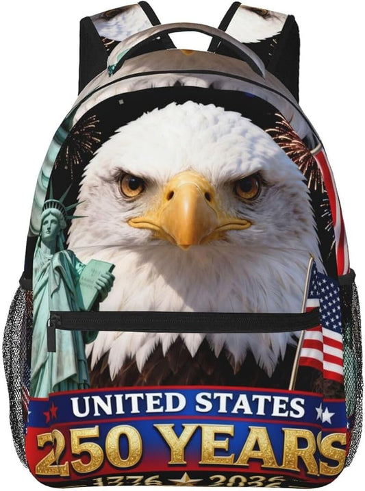 Men Women Polyester USA 250th Anniversary America Patriotic Art Daypack Big Capacity Shoulder Bag With Adjustable Shoulder Straps for Camping Travel Walking Cycling