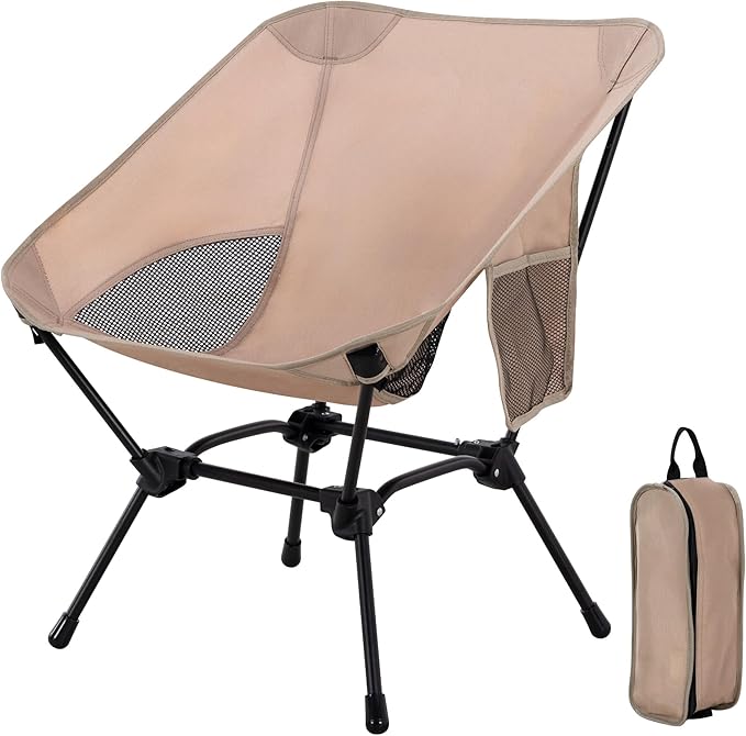 Camping Chair Portable Lightweight Camping Chairs for Adults Foldable 600D Oxford Ultralight Backpacking Chair with Breathable Mesh and Pocket for Outdoor Travel Hiking,Beige