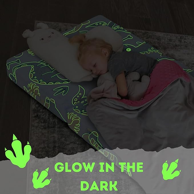 MeMoreCool Foldable Floor Mattress for Kids, Glow Dinosaur Trifold Nap Mat for Toddlers, Portable Sleeping Futon for Daycare or Floor Bed, 57x22 Inch