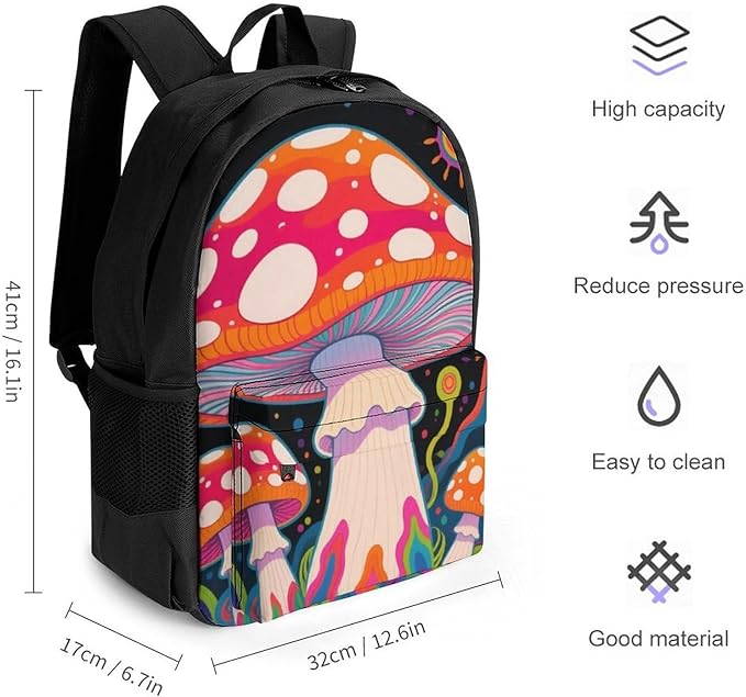 Backpack Polyester Anti-Theft Multipurpose Psychedelic Mushroom Art Bookbag Large Capacity Laptop Book Bag Rucksack With Side Pockets