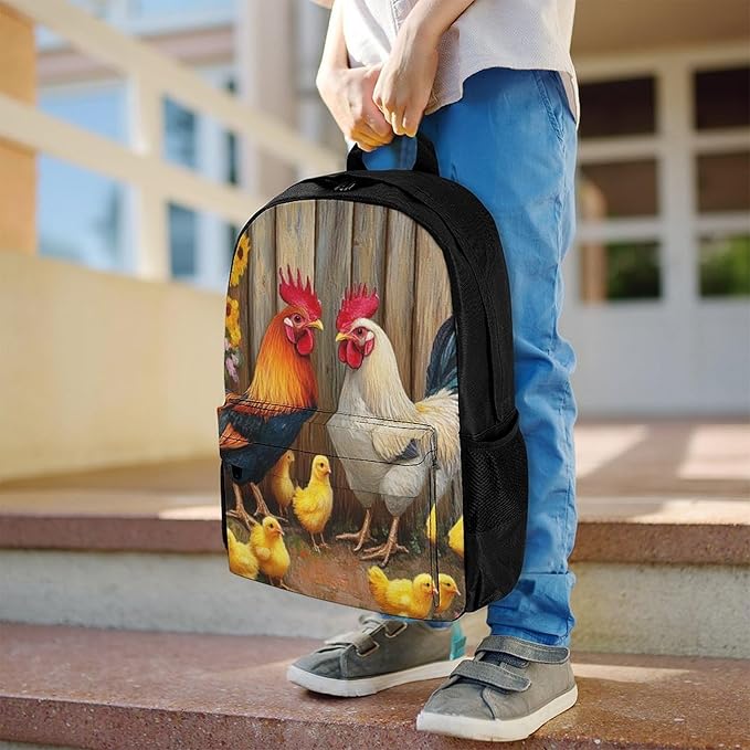 Supdreamc Men Women Polyester Garden Flowers Chicken Rooster Sunflowers Painting Casual Daypack Large Capacity Carry On Bag With Adjustable Shoulder Straps for Camping Work Running