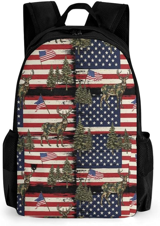 Men Women Polyester Hunting Camo Camouflage Deer American Flag Daypack Big Capacity Shoulder Bag With Adjustable Shoulder Straps for Camping Travel Walking Cycling