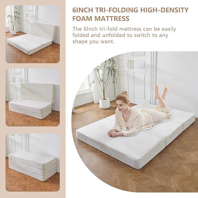 BYBYME Tri-Folding Corduroy Mattress, 6 Inches Gel Folding Mattress Topper, Foldable Soft Guest Bed Camping Pad, Washable Cover (Beige, Twin)