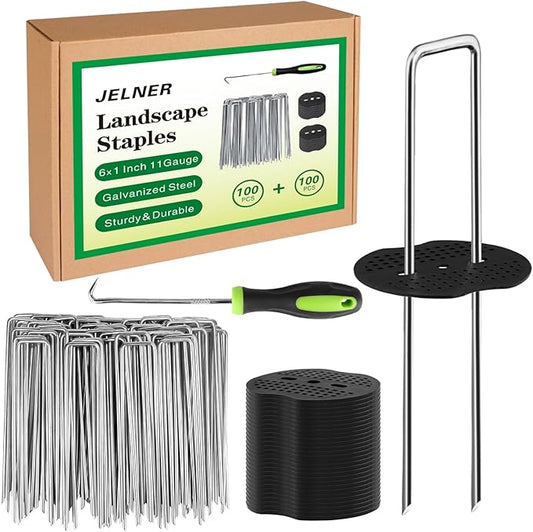Garden Stakes,6 Inch 11 Gauge 100pcs Galvanized Landscape Staples + 100pcs Gaskets + 1Pick Hook, Tent Stakes Landscaping Fabric SOD Pins for Weed Fabric Barrier,Groud Cover,Fence