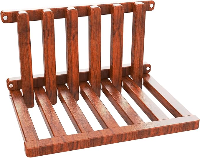 The folding stool is made of oak wood and can bear a weight of 400 pounds. When unfolded, it measures 1.5" by 1", providing comfort and safety. The thickness is 2" (Walnut paint)