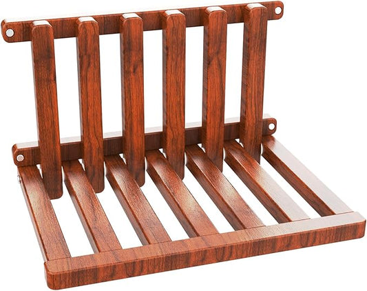 The folding stool is made of oak wood and can bear a weight of 400 pounds. When unfolded, it measures 1.5" by 1", providing comfort and safety. The thickness is 2" (Walnut paint)