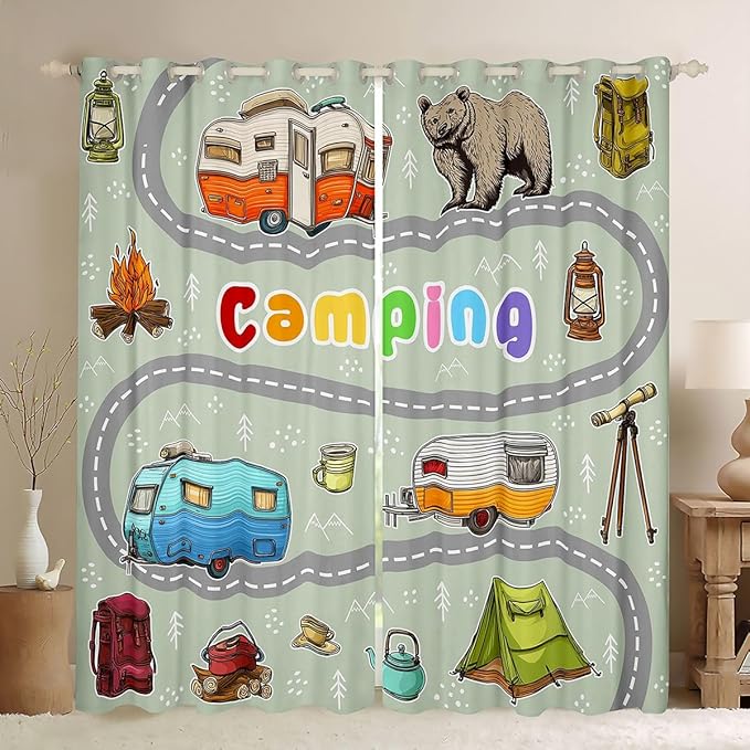 Feelyou Cartoon Camping Camper Curtains for Bedroom Living Room Rv Camping Adventure Blackout Darkening Drapes Wildlife Animal Bear Window Treatments, 2 Panels 38 x 45 Inch Room Decor